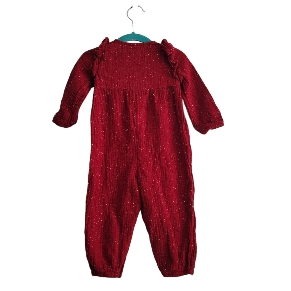 Baby Cat & Jack 12M Deep Red Metallic Gold Fleck Gauze Cotton Ruffle Jumpsuit
